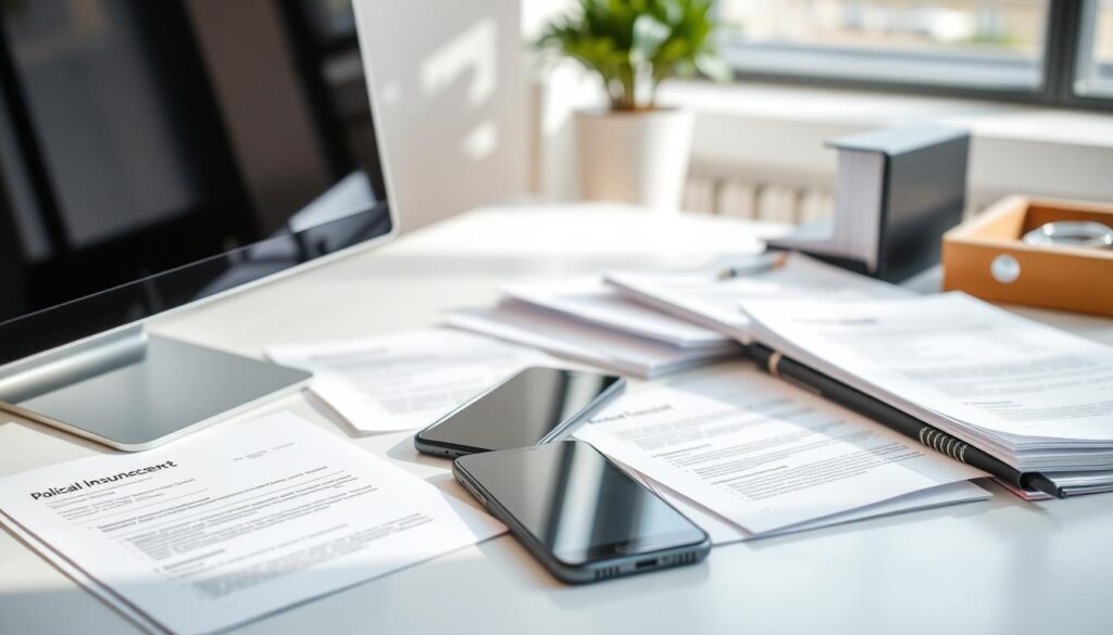 A clean, modern office setting with a desktop computer, smartphone, and various policy-related documents and forms neatly arranged. The lighting is bright and natural, with soft shadows and a slight depth of field. The materials have a high-quality, professional appearance, and the overall composition conveys a sense of organization and attention to detail. The scene reflects the key features and functionality of mobile insurance apps, highlighting the ability to manage policies and documents digitally.