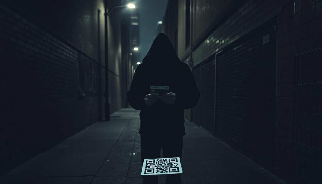 A dark, gloomy alleyway at night. In the foreground, a shadowy figure in a hooded jacket examines a stolen credit card, their face obscured. Dim street lamps cast an ominous glow, creating long shadows that stretch across the pavement. In the middle ground, a discarded QR code lays on the ground, a trap for unsuspecting victims. The background is hazy, with the silhouettes of skyscrapers and the faint outline of a "transaction declined" message on a mobile device screen, hinting at the broader landscape of credit card fraud.