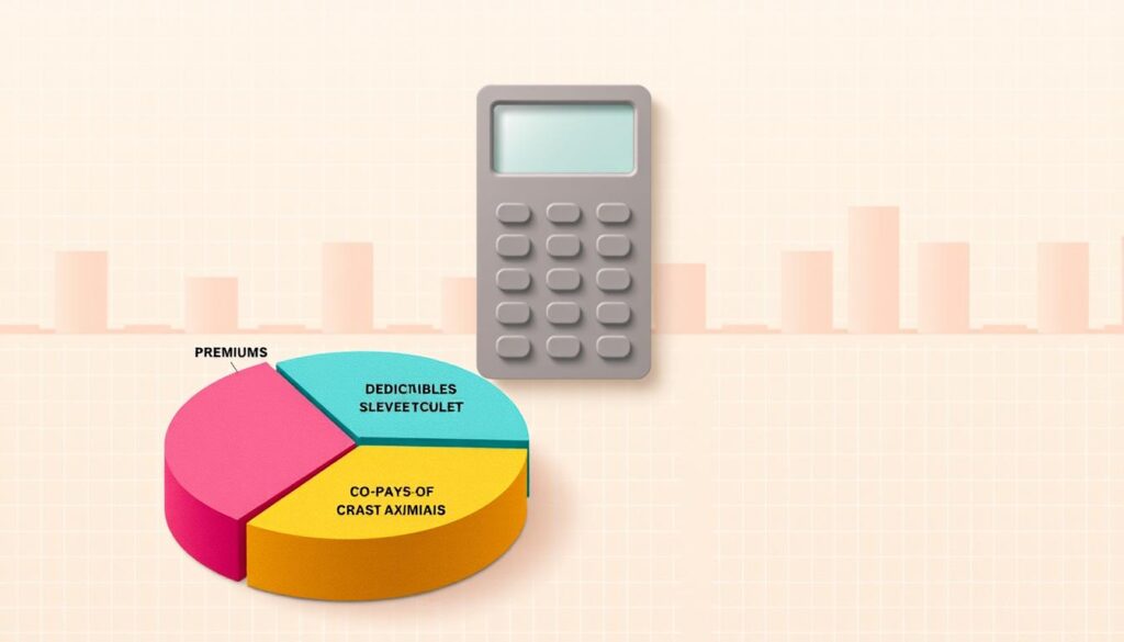 A detailed financial diagram depicting the various costs associated with health insurance plans. In the foreground, a vibrant pie chart showcases the breakdown of expenses, including premiums, deductibles, copays, and out-of-pocket maximums. The middle ground features a sleek, minimalist calculator, symbolizing the need to carefully calculate the total cost picture. In the background, a subtle grid pattern evokes a sense of organization and precision, complemented by a warm, muted color palette that conveys a sense of trustworthiness. The overall composition is designed to provide a clear, informative visual aid to help readers understand the full scope of health insurance costs.