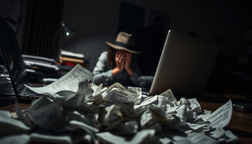A dimly lit office setting, with a cluttered desk and a laptop displaying complex financial documents. In the foreground, crumpled bills and debt notices spill across the surface, conveying a sense of financial burden and stress. The middle ground features a person, their face obscured by their hands, expressing anxiety and worry. In the background, a shadowy figure, possibly a debt collector, looms ominously, creating an atmosphere of unease and uncertainty. Harsh, low-angle lighting casts dramatic shadows, heightening the sense of tension and the potential consequences of ill-advised debt consolidation decisions.