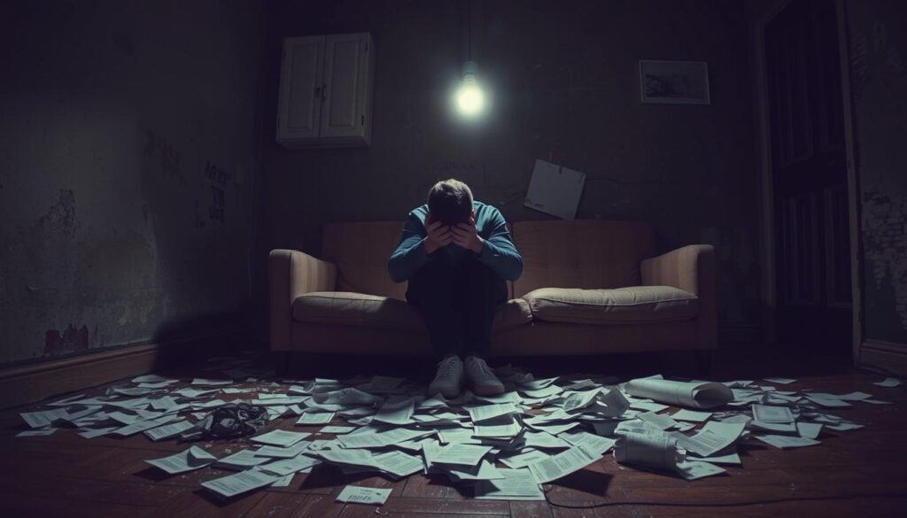 A dimly lit room, the walls faded and peeling, casting an air of neglect and financial strain. In the center, a figure sits hunched on a worn-out couch, head in hands, surrounded by scattered bills and overdue notices, a tangible representation of the weight of financial unpreparedness. The lighting, a mix of harsh shadows and muted tones, emphasizes the sense of despair and uncertainty. A single flickering light casts an eerie glow, adding to the palpable tension. The scene conveys a profound sense of vulnerability and the true cost of being unprepared for life's financial challenges.