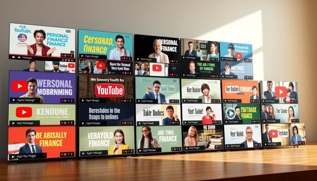 A group of stylized YouTube video thumbnails representing popular personal finance channels, arranged in a visually appealing grid layout. The thumbnails feature eye-catching graphics, colorful typography, and portraits of charismatic finance experts. The overall composition evokes a sense of informative, trustworthy, and accessible financial education. The scene is lit by a soft, natural light that creates a warm, inviting atmosphere, drawing the viewer in to explore the wealth of knowledge presented across these diverse finance YouTube channels.
