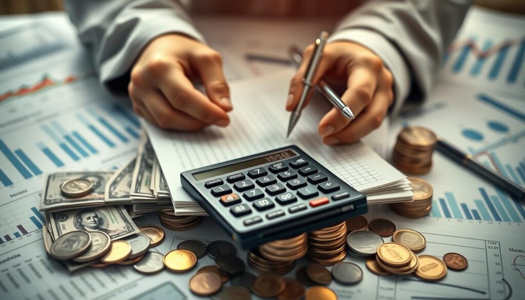 A mid-shot of a person's hands holding a calculator, ledger, and pen, surrounded by stacks of bills and coins, all set against a blurred background of financial charts and graphs. The scene is lit with a warm, focused light, creating a contemplative and analytical atmosphere. The overall composition conveys a sense of careful consideration and deliberation over personal finance decisions, emphasizing the importance of thoroughly examining the total cost and not just the monthly payment when taking out a loan.