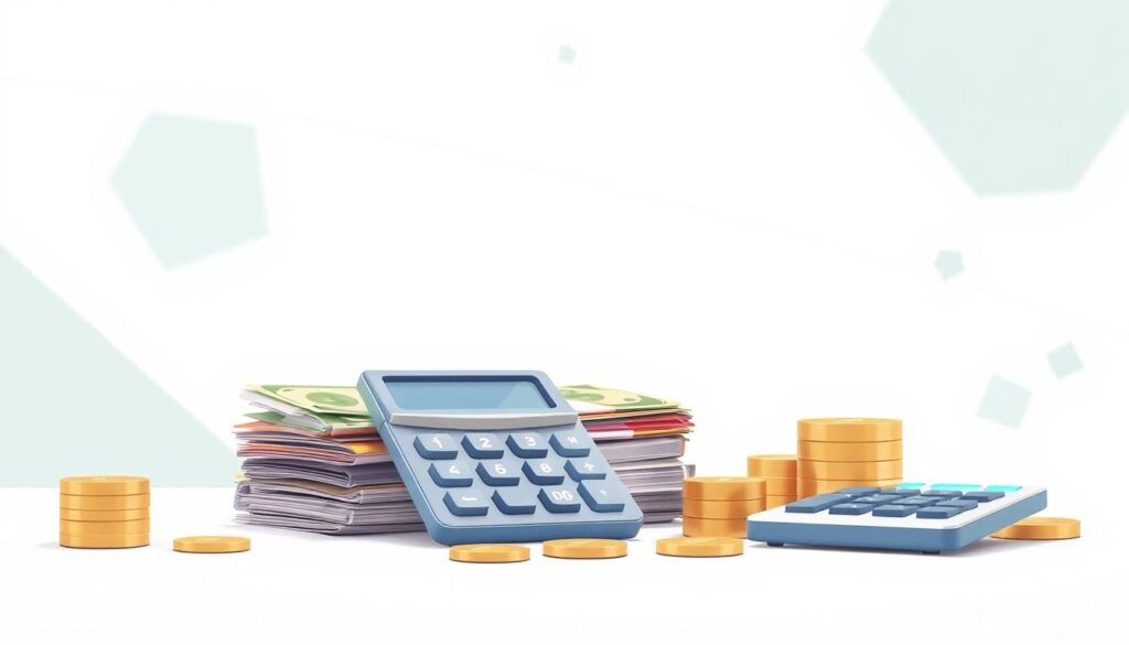 A modern and minimalist illustration of a household budget. In the foreground, a neatly organized stack of colorful paper bills, coins, and a calculator, conveying a sense of financial order and control. In the middle ground, a clean, white background with soft, diffused lighting, creating a calm and focused atmosphere. In the background, subtle geometric patterns or abstract shapes in shades of blue and green, symbolizing the interconnected nature of personal finance. The overall mood is one of thoughtfulness, efficiency, and a practical approach to budgeting and managing monthly expenses.