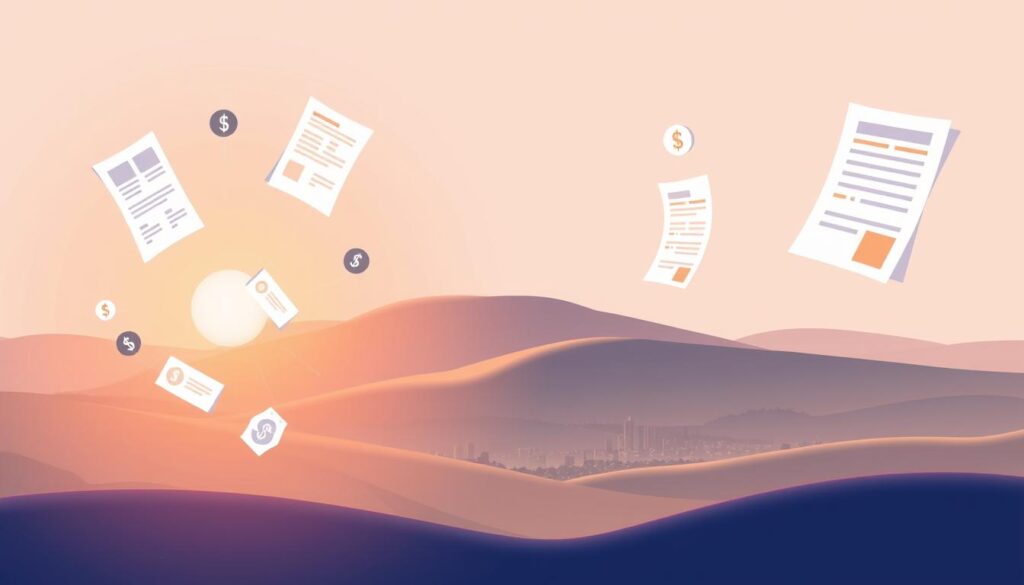 A modern and minimalist illustration of the main debt consolidation options. In the foreground, various financial documents and debt icons float weightlessly, representing different debt types. In the middle ground, a serene and tranquil landscape with rolling hills and a distant cityscape, symbolizing the financial peace of mind achieved through debt consolidation. The background is bathed in a warm, soft light, creating a calming and reassuring atmosphere. The composition is balanced and visually pleasing, guiding the viewer's focus to the central concept of debt consolidation solutions.