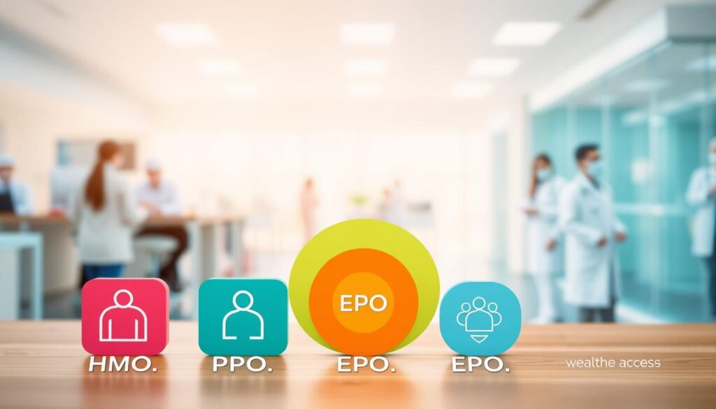 A modern, clean-lined image depicting various health insurance plan types. In the foreground, a group of simple, colorful icons representing different plan categories - HMO, PPO, EPO, POS. In the middle ground, a series of concentric circles, each one slightly larger and more vibrant, symbolizing the levels of coverage and network access. In the background, a softly blurred landscape of medical facilities, doctors, and patients, hinting at the real-world implications of plan selection. The lighting is bright and natural, with a slight warm tone, conveying a sense of clarity and wellness. The overall composition is balanced and visually engaging, designed to educate and inform the reader about the key differences between health insurance plan types.
