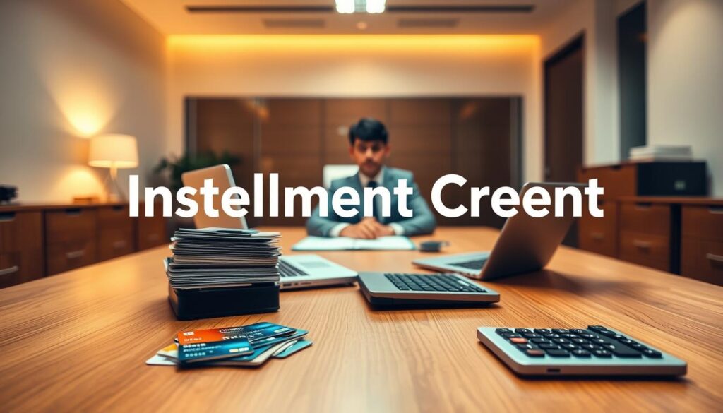 A modern, clean-lined office interior with a large wooden desk in the foreground. On the desk, various credit cards, a laptop, and a calculator are neatly arranged, conveying the concept of installment credit options. The middle ground features a smartly dressed person sitting at the desk, focused on the task at hand. The background is softly blurred, creating a sense of depth and professionalism. Warm, indirect lighting casts a subtle glow, and the overall atmosphere is one of efficiency, financial responsibility, and thoughtful decision-making.