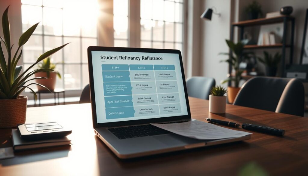 A modern, stylish home office with natural lighting shining through large windows. On the desk, a laptop displays a step-by-step refinancing process for student loans, with financial documents and a calculator. A warm, inviting atmosphere with plants and minimalist decor, conveying a sense of productivity and financial empowerment. The scene is captured from a slightly elevated angle, providing a comprehensive view of the workspace and the task at hand.