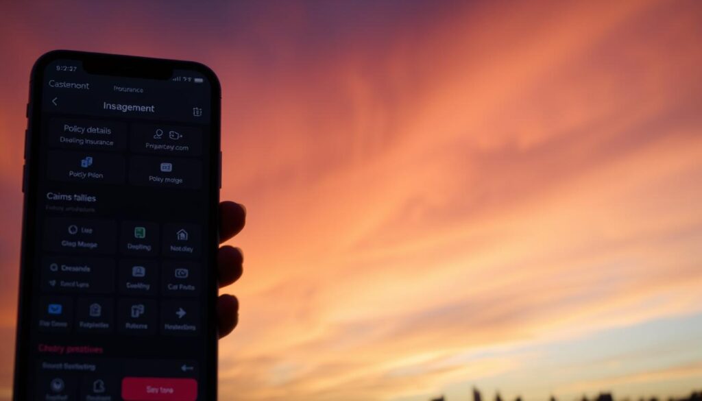 A sleek, modern mobile app interface against a backdrop of a vibrant, gradient-filled sky. In the foreground, a user navigates through neatly organized insurance policy management tools, with clean typography and intuitive iconography. The middle ground showcases a range of insurance-related features, from policy details to claims processing, all presented in a minimalist, consumer-friendly design. In the background, a subtle cityscape or landscape provides a sense of depth and context, hinting at the app's versatility across various insurance domains. The overall atmosphere conveys a sense of efficiency, accessibility, and a seamless digital experience for managing insurance policies on the go.