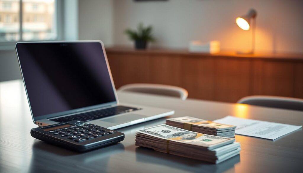 A sleek, modern office desk with a laptop, calculator, and stacks of currency bills neatly arranged. The lighting is soft and warm, casting a subtle glow on the scene. The background is a blurred, minimalist interior with clean lines and muted colors, emphasizing the focus on the desk and its contents. The overall mood is one of efficiency, organization, and financial preparedness. The image conveys the idea of a carefully planned and executed personal loan application process.