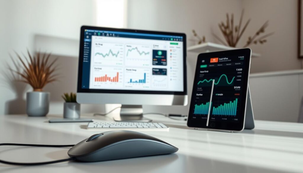 A sleek, modern workspace with a desktop computer, smartphone, and tablet displaying real-time data analytics and investment tracking tools. The scene is illuminated by soft, directional lighting that casts gentle shadows, creating a sense of depth and focus. In the foreground, a minimalist, ergonomic mouse and keyboard invite user interaction. The middle ground features intuitive graphs, charts, and interactive dashboards, while the background showcases a clean, uncluttered environment with subtle decorative elements that reinforce a professional, tech-savvy atmosphere.