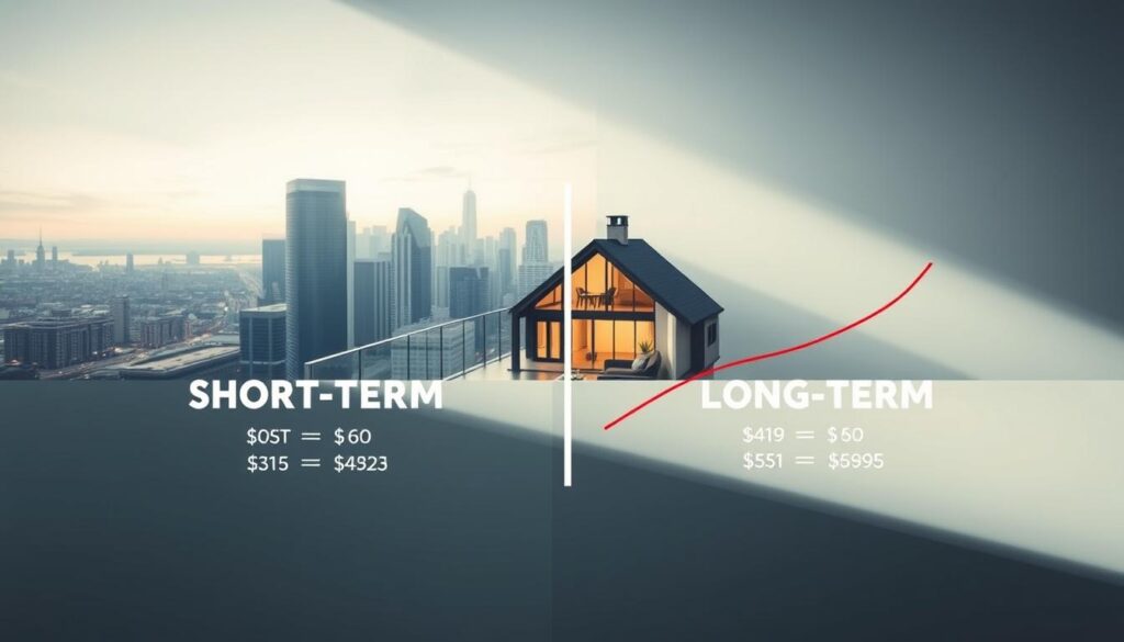 A striking contrast of short-term and long-term financial decisions. In the foreground, a stylized graph depicting the immediate costs and long-term gains of a mortgage versus renting, conveying the tradeoffs. The middle ground features a modern, minimalist home, with clean lines and a warm, inviting atmosphere. In the background, a serene cityscape with skyscrapers and bustling streets, hinting at the broader economic context. The lighting is soft and directional, creating depth and emphasizing the key elements. The overall mood is one of careful consideration, weighing the near-term sacrifices against the eventual payoff of homeownership.