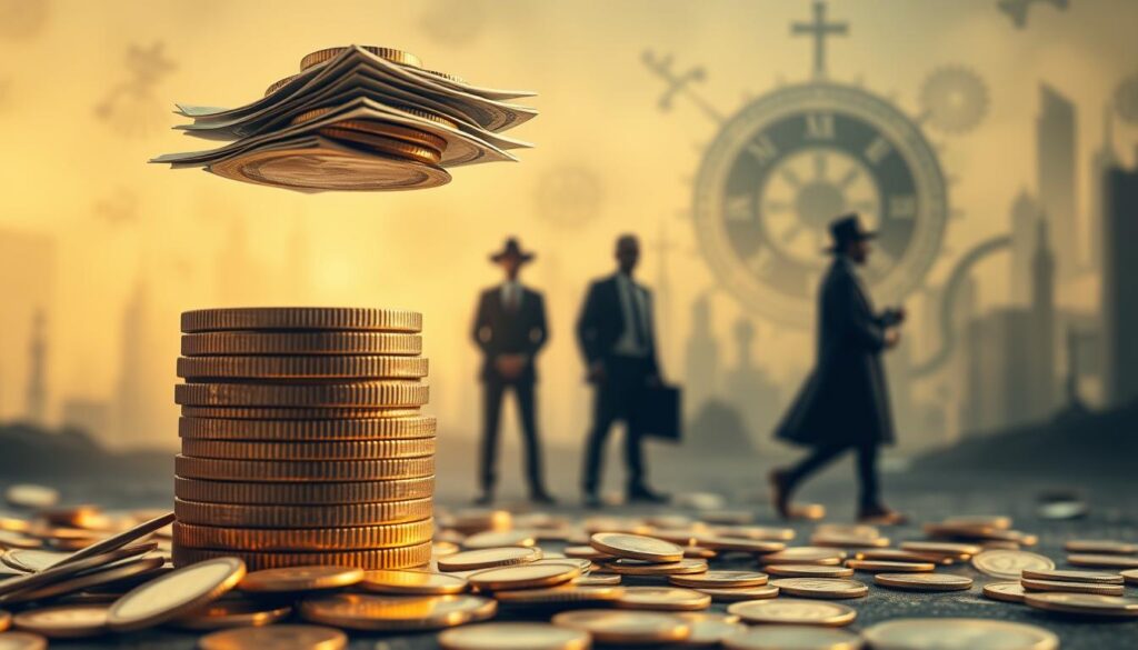 A surreal, dreamlike scene depicting the "money myths" that people often believe. In the foreground, a stack of gold coins and bills levitates, surrounded by illusory ripples and distortions. In the middle ground, shadowy figures representing different financial tropes - the greedy banker, the lucky gambler, the frugal miser - are frozen in time, their movements blurred. In the distant background, a hazy, fractal-like landscape of abstract financial symbols and charts sprawls, creating a sense of the complex, interconnected nature of modern finance. Bathed in a warm, golden light, the scene conveys a sense of the myths and misconceptions that often cloud people's understanding of money and wealth.