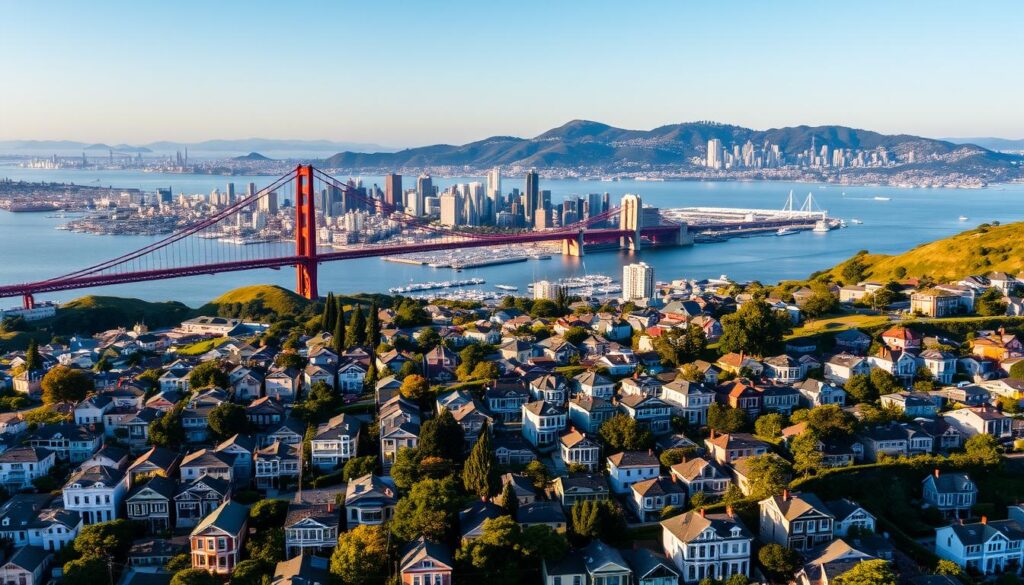 A sweeping aerial view of San Francisco, with the iconic Golden Gate Bridge spanning the bay, its deep red suspension cables glinting in the afternoon sun. In the foreground, the hilly streets wind through a tapestry of Victorian houses, their pastel facades and gabled roofs cascading down towards the Embarcadero waterfront. In the middle ground, the downtown skyscrapers rise, a modern skyline of glass and steel contrasting with the historic character of the city. In the background, the green slopes of the Marin Headlands and the distant peaks of the Coastal Range frame the scene, creating a breathtaking panorama that captures the unique blend of natural beauty and urban dynamism that defines San Francisco.