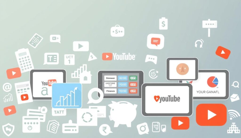 A vibrant collage of finance-focused YouTube channels, each represented by a minimalist icon or symbol. The foreground features a diverse array of icons - a calculator, a stock chart, a piggy bank, a real estate sign - artfully arranged to convey the range of personal finance topics covered. The middle ground showcases sleek, modern device screens displaying channel logos and titles, while the background subtly blends shades of green, blue, and gray to evoke a sense of growth, stability, and authority. The overall composition is balanced, dynamic, and visually compelling, inviting the viewer to explore the "best channels by goal" for their personal finance journey.