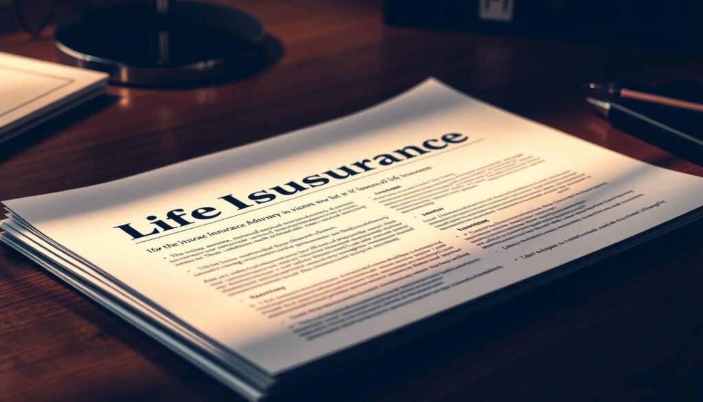 A well-designed life insurance policy, its pages neatly arranged on a wooden desk. The document is illuminated by warm, directional lighting, casting subtle shadows that add depth and dimensionality. The policy's text and graphics are crisp and legible, inviting the viewer to carefully consider its contents. The background is blurred, keeping the focus on the policy itself, a symbol of financial responsibility and security. The overall mood is one of thoughtfulness and contemplation, reflecting the importance of making informed decisions about one's financial future.