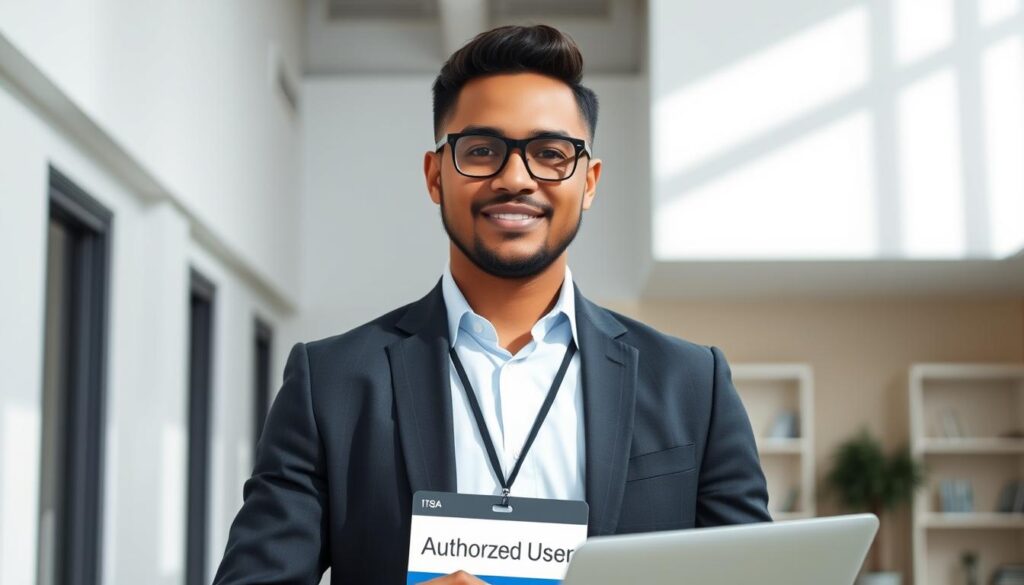 A well-dressed, confident individual standing in a modern office setting, with a laptop and a badge that clearly displays the text "Authorized User". The lighting is bright and natural, with a minimalist, professional atmosphere. The person's posture and expression convey a sense of authority and responsibility, representing the concept of building or improving one's credit score through responsible credit card usage and management.