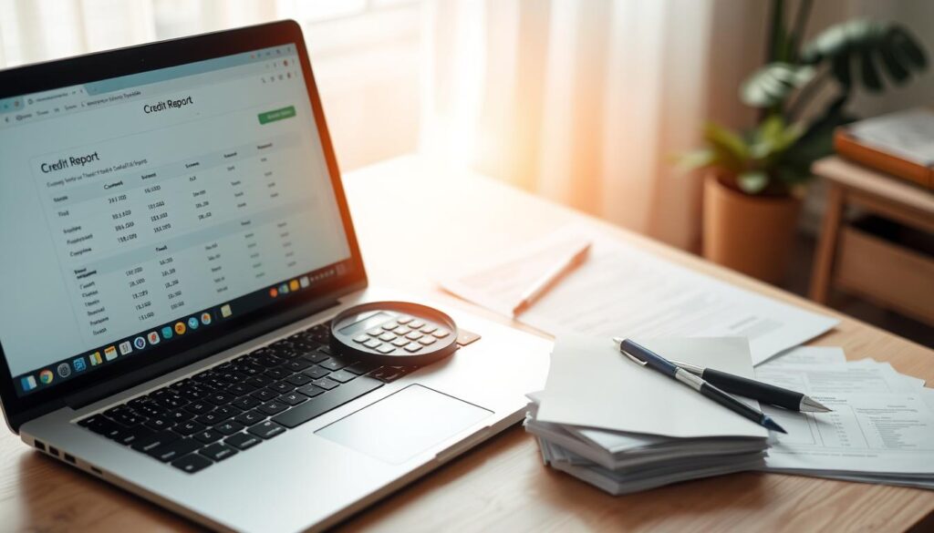 A well-lit desktop scene, with a laptop computer, a magnifying glass, and various financial documents prominently displayed. The laptop screen shows a credit report, with the user closely examining the details. The middle ground features a calculator, a pen, and a stack of papers, conveying a sense of financial responsibility and diligence. The background is blurred, creating a soft, contemplative atmosphere, suggesting the importance of carefully monitoring one's credit report. The lighting is warm and natural, casting a subtle glow over the scene, emphasizing the thoughtful and focused nature of the activity.