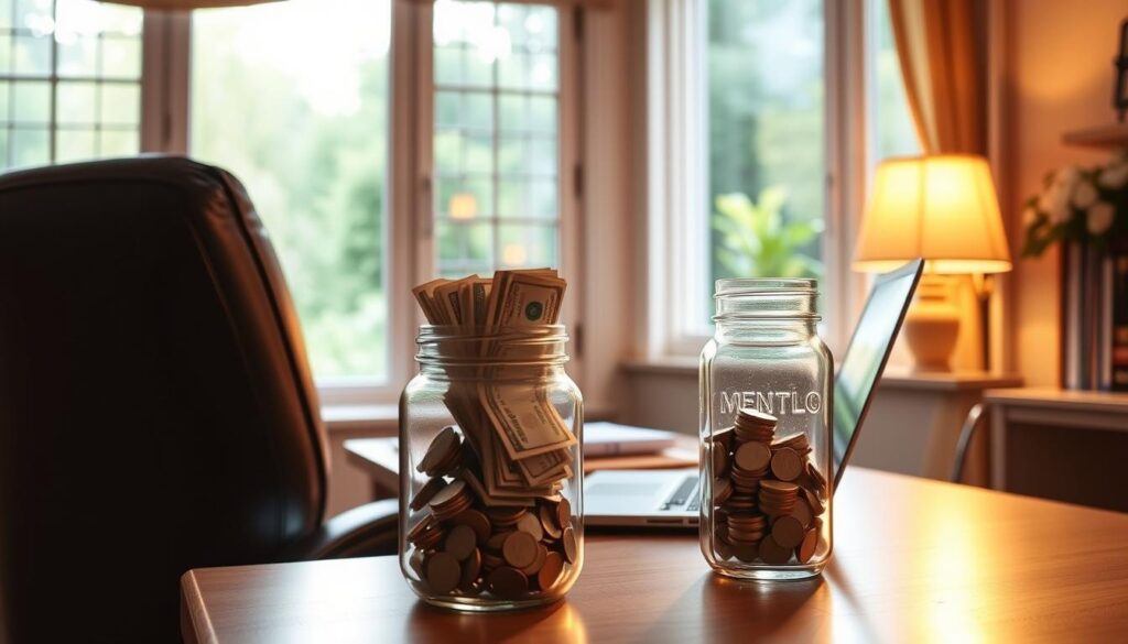 A well-lit home office scene, with a cozy desk, comfortable chair, and a large window overlooking a lush garden. On the desk, a laptop, a few files, and a glass jar filled with neatly stacked bills and coins, representing the homeowner's emergency fund savings. The lighting is warm and inviting, creating a sense of security and stability. The overall atmosphere is one of financial preparedness and peace of mind, capturing the essence of the "Emergency Fund: How Much Should You Save?" section.