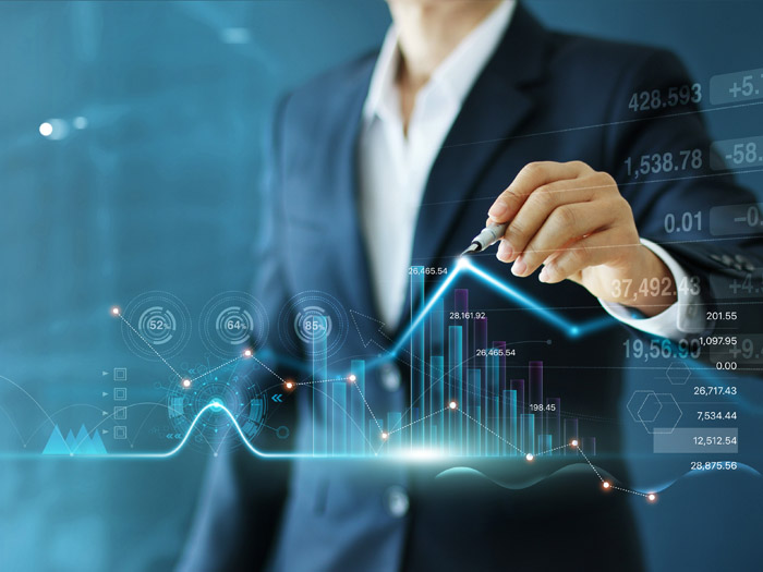 Businessman draw growth graph and progress of business and analyzing financial and investment data ,business planning and strategy on blue background.